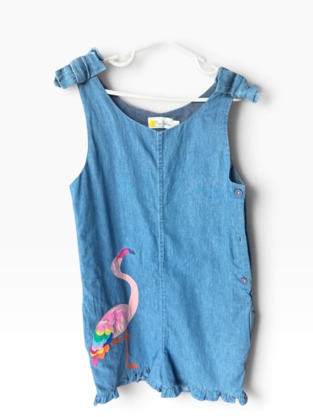 Girls Blue Denim Romper Flamingo Applique Shoulder Tie Ruffle Summer Outfit